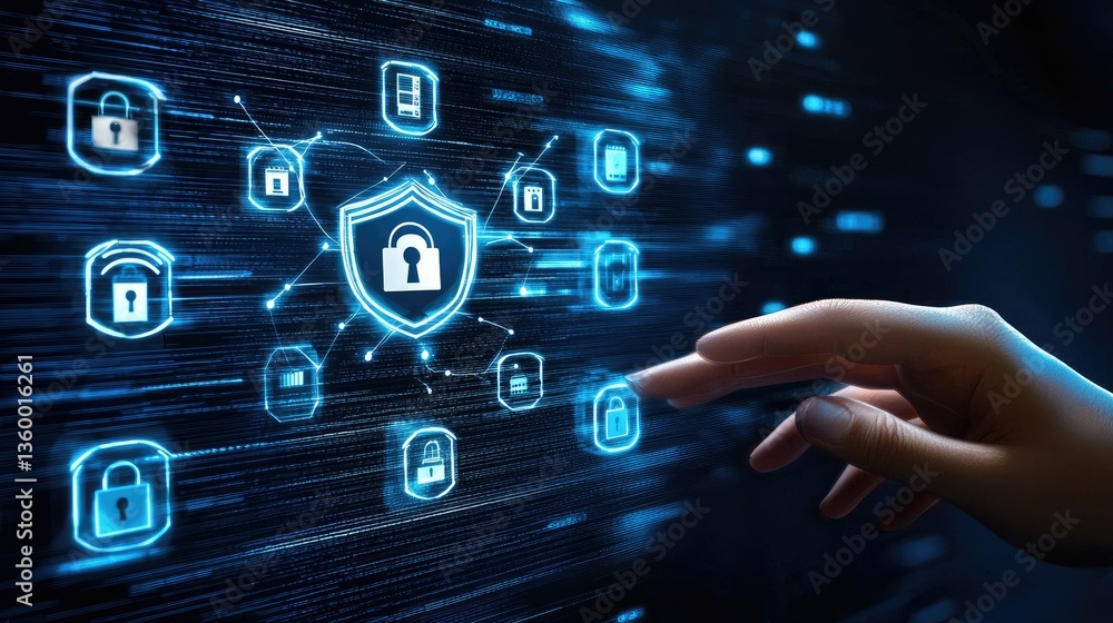 Poster a digital interface with cyber defense graphics, penetration test data, and a hand reaching toward s