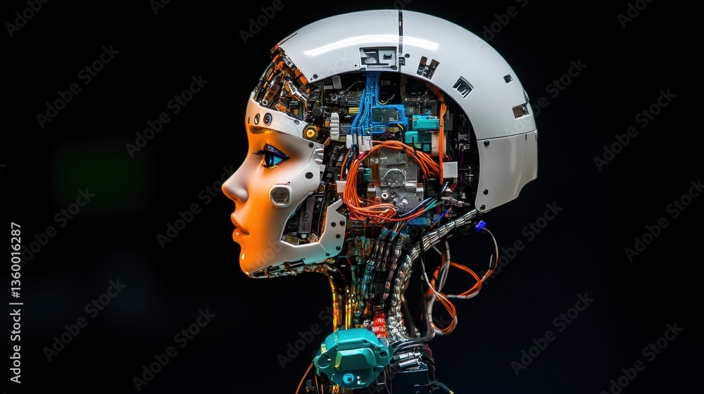 Aufkleber close-up profile view of a robotic head featu exposed circuitry and wi, blending artificial ligence 