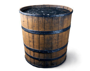 Fototapeta premium Aged Wooden Barrel Filled with Water, Displaying Textural Wood Grain and Metallic Bands, Ideal for Historical, Rustic, or Industrial-Themed Projects and Designs