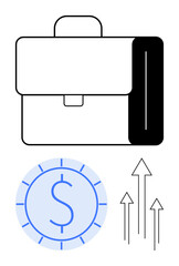 Briefcase symbolizing work, dollar coin highlighting money, and upward arrows illustrating growth and progress. Ideal for finance, business, career, investment, economic success, strategy flat