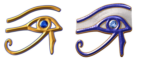 A pair of ancient Eye of Ra symbols: one in gold with a blue stone inlay and one ceramic in white and blue, representing divine protection and wisdom in Egyptian mythology. 3D illustration
