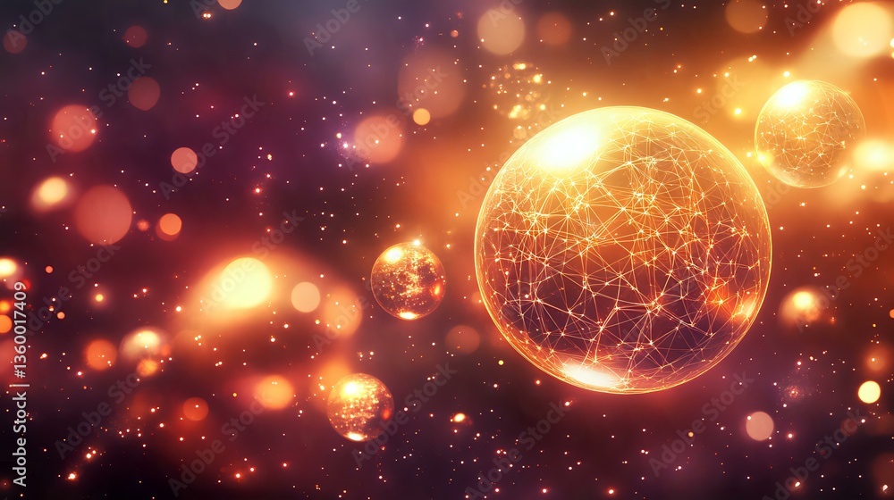 Aufkleber glowing spheres with connected dots pattern floating in cosmic space with orange bokeh lights and sp