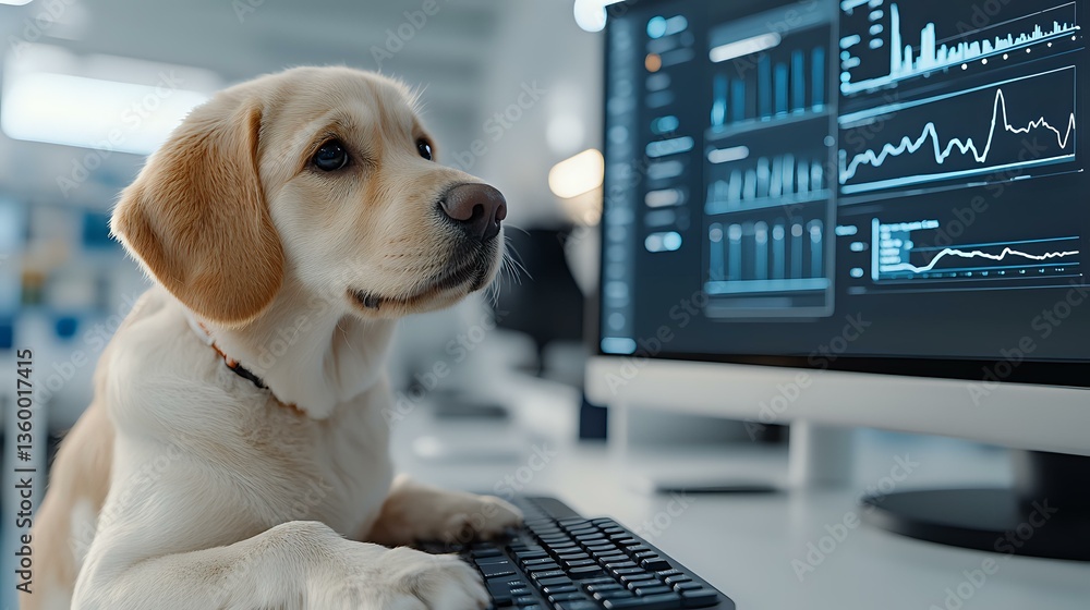 Poster labrador puppy working at computer desk with financial charts and market data on monitor screen. bus