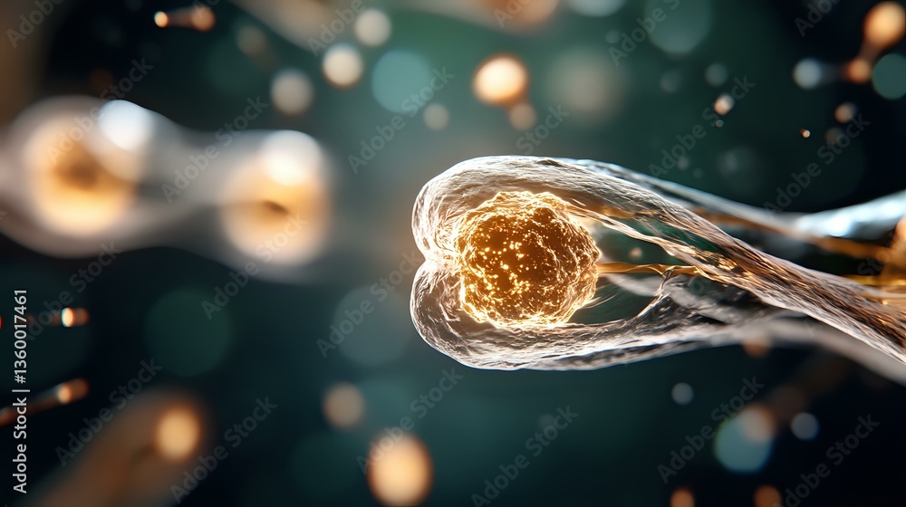 Poster glowing energy sphere flowing through transparent tube with light particles and bokeh effect against