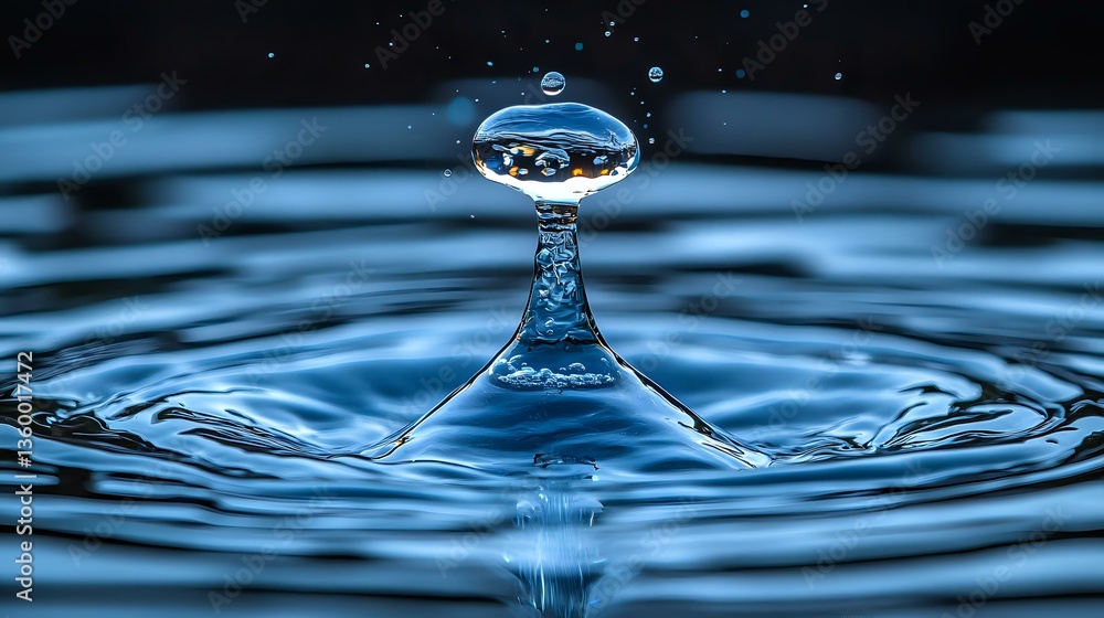 Poster macro photography of water drop collision creating crown splash and floating droplet above rippled b