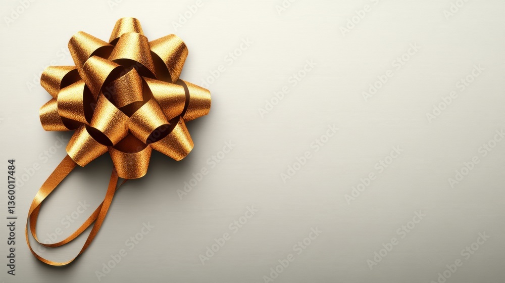 Aufkleber a beautiful gold metallic ribbon bow elegantly placed on a soft light gray background with ample spa
