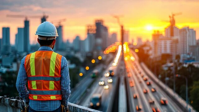 Construction Worker Overlooking Cityscape at Sunset