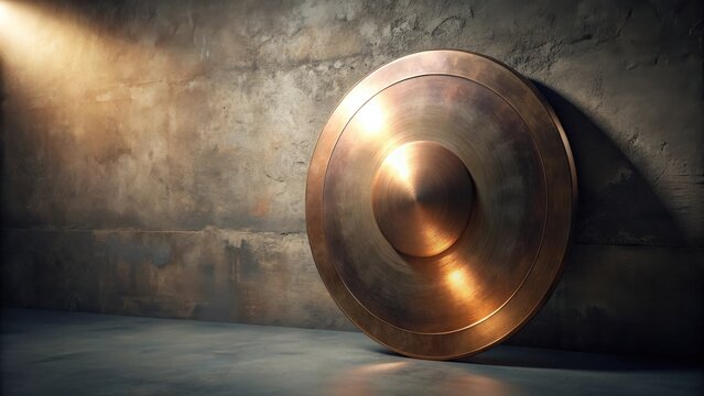A large bronze shield rests against a textured wall, illuminated by a single light source, creating dramatic shadows and highlighting the metallic surface.