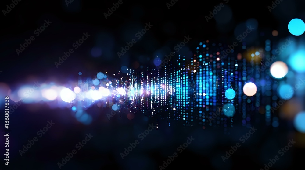 Poster digital sound wave visualization with glowing blue particles and bokeh effects on dark background, f