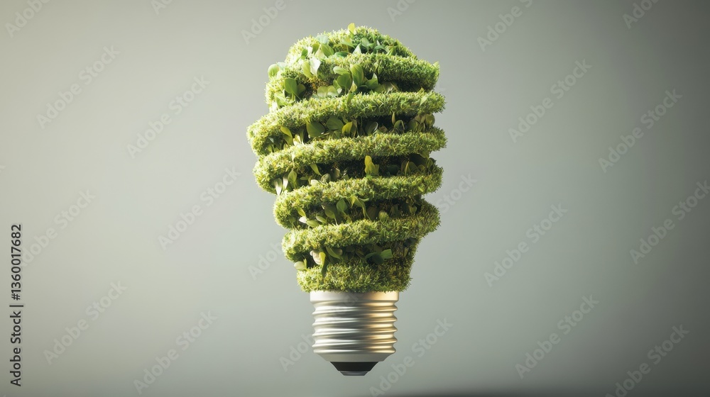 Poster lush green foliage spiraling into a lightbulb shape set against a muted gray backdrop, symbolizing n