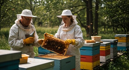 A young female apprentice beekeeper tending hives with an older beekeeper, dressed in protective gear.