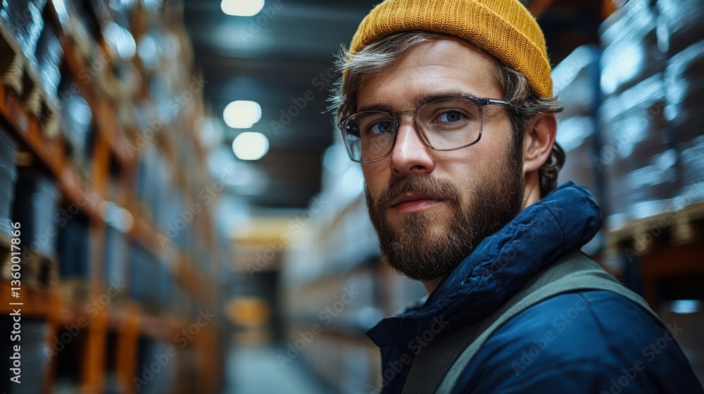 Leinwandbilder a young man in a beanie and glasses stands in a warehouse, observing the organized shelves filled wi