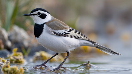 White wagtail standing on rock in water