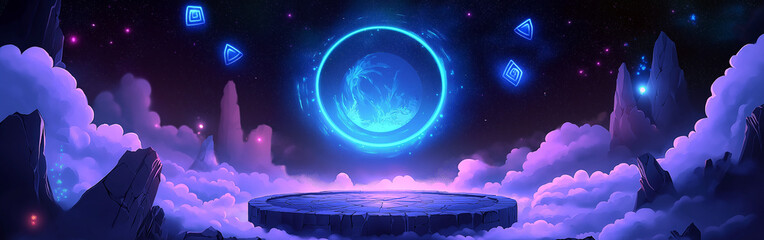 The Cartoon game platform floating in clouds, Illustration