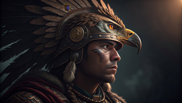 Fantasy Aztec warrior with eagle headdress in mystical forest
