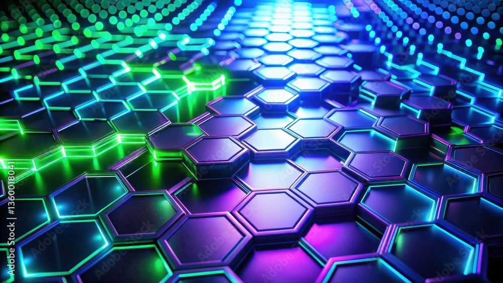 Poster abstract hexagonal grid with vibrant neon illumination and a sleek metallic finish