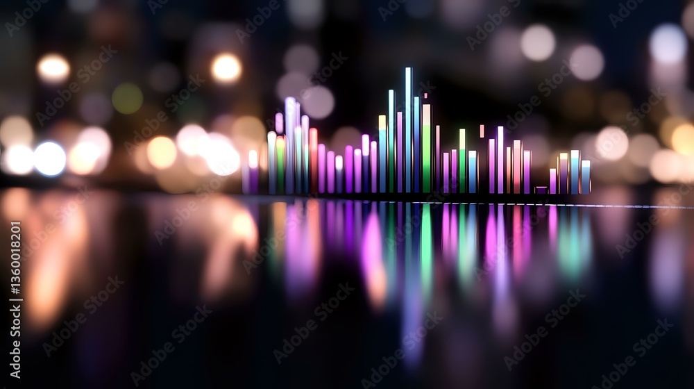 Aufkleber colorful audio spectrum equalizer bars reflecting on glossy surface with blurred bokeh lights backgr