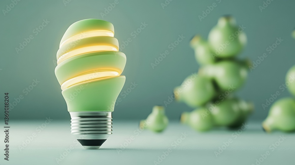 Poster a glowing segmented green energy-efficient lightbulb contrasts with blurred pear-shaped objects in t