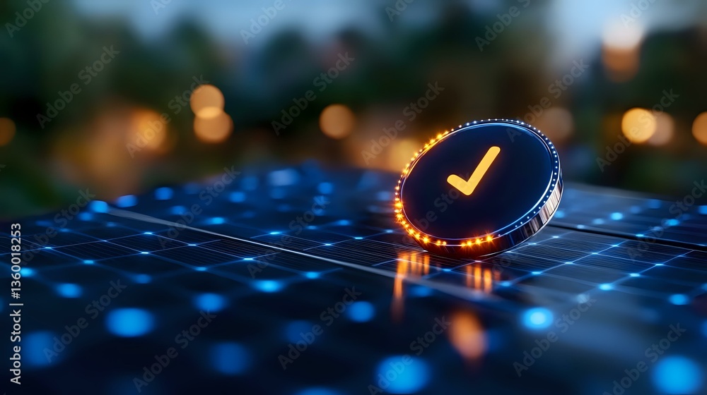 Poster glowing checkmark symbol on digital grid surface with bokeh lights background, representing digital 