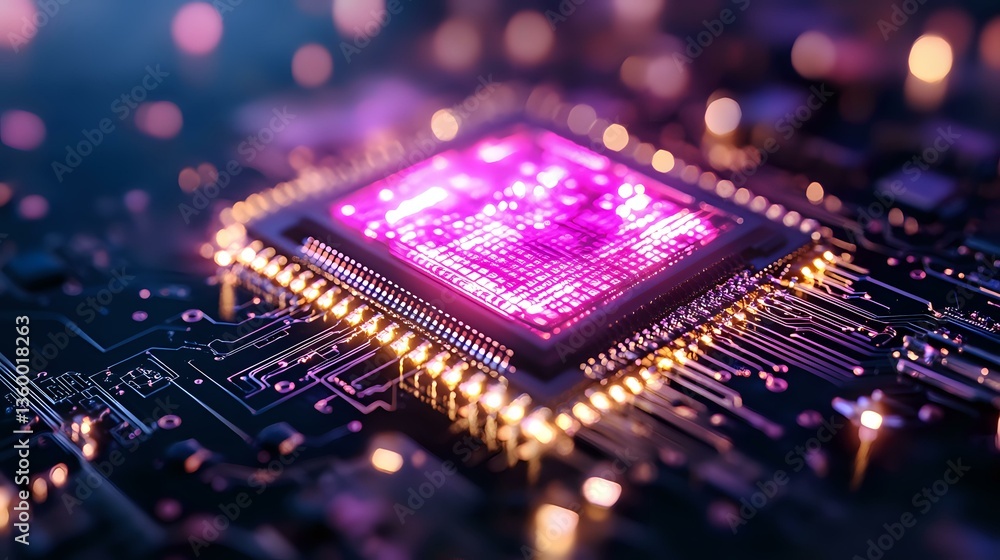 Poster glowing pink microprocessor on circuit board with bokeh light effects, close-up view showing electro