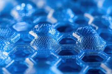 Blue glass hexagons reflecting city skyline in modern building's facade, creating a striking architectural pattern.