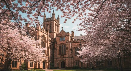 Beautiful building framed by blooming cherry blossom trees on a sunny day.
