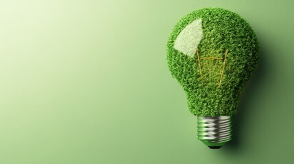 A lightbulb enveloped in lush green leaves represents sustainable energy solutions amidst a matching soft green backdrop emphasizing eco-friendly concepts