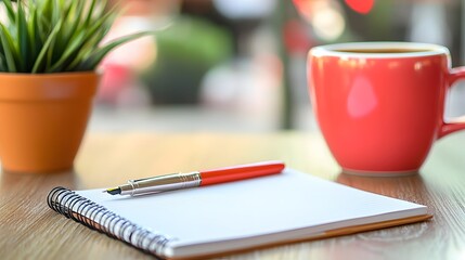 Cozy Workspace, Red Mug, Notebook, and Pen