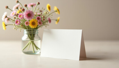 Elegant tent card mockup with floral decoration in soft light