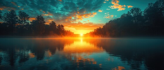 Serene Sunrise Over Misty River