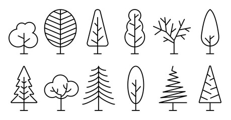 Collection of simple tree line icons showing various tree shapes and styles