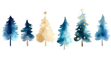 Obraz premium Watercolor winter forest with blue and gold Christmas trees in row, decorative stars on top, festive holiday design element on white background.