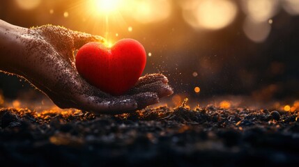 Fototapeta premium A Gently Cradled Small Red Heart in a Dirt-Covered Hand Against the Backdrop of a Warm and Sunlit Landscape Evokes Feelings of Love and Nature