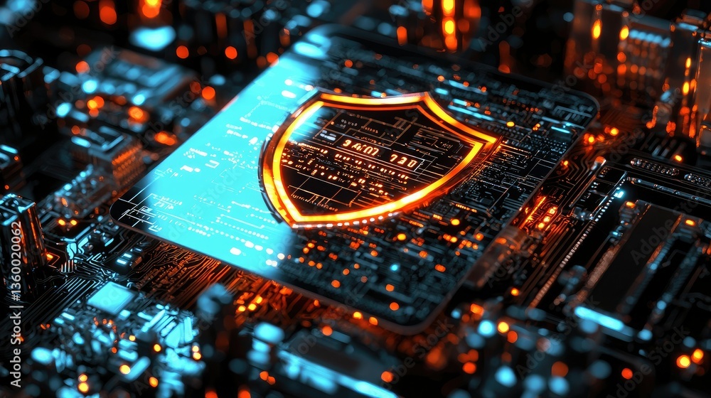 Poster a fintech security visualization, showing a credit card with a holographic shield symbolizing safe t