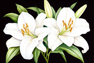 Fototapeta premium White lilies bouquet, floral arrangement, dark background, sympathy card