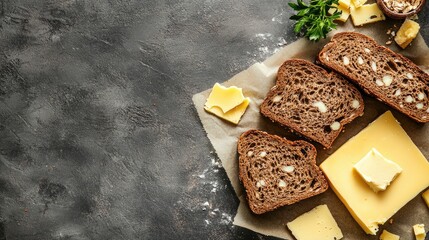 Freshly Sliced Bread with Butter and Cheese on a Rustic Background
