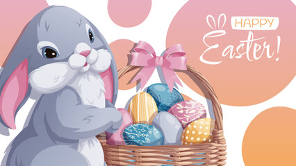 Easter Banner Design with Cute Bunny and Colorful Eggs in a Basket. Happy Easter Celebration. Spring Vector Background for Cards, Posters, and Social Media. Perfect for Festive Promotions.