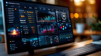Financial analytics dashboard displaying real-time market data, charts, and performance metrics on computer monitor with dark interface and colorful graphs in office setting.