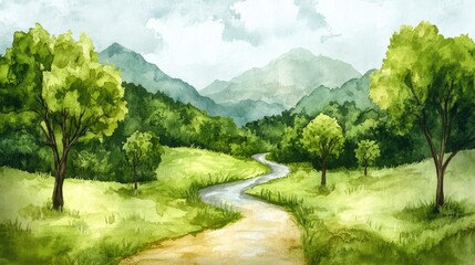 Obraz premium Serene Watercolor Landscape: Winding Path Through Lush Green Valley and Majestic Mountains