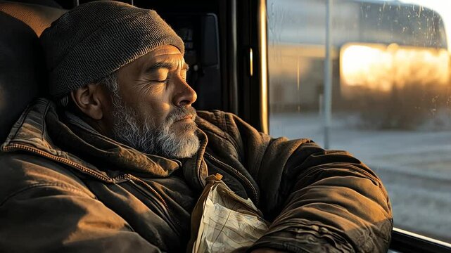 Resting Truck Driver in Parked Lorry Cabin at Night