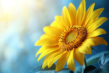 Obraz premium A vibrant sunflower with bright yellow petals, basking in the sunlight, showcasing its natural beauty against a soft background.