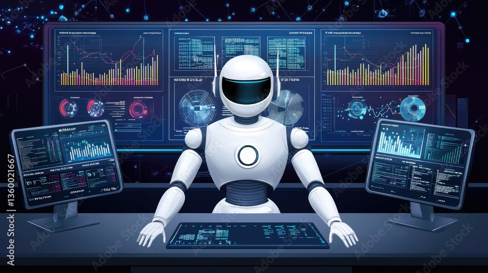Aufkleber a futuristic ai system providing financial insights through glowing data charts and analytics.