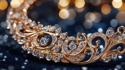 Ornate gold necklace adorned with diamonds showcases intricate scrollwork on display, radiating a sense of luxurious opulence