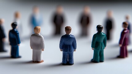 Diverse miniature figures standing in circle formation showing social distancing, business networking, and community concept on white background.