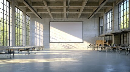 A futuristic co-working space featuring a clean aesthetic, open layout, and a large blank poster for advertising.