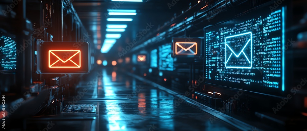 Poster a futuristic office scene with a glowing inbox email concept, highlighting the contact us button and