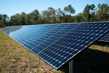 Close-up view of solar panels capturing sunlight in an open field, showcasing renewable energy innovation and sustainability.