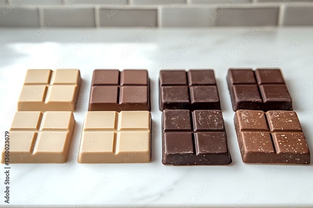 Poster assorted chocolate bars in different shades from white to dark chocolate arranged in neat rows on wh