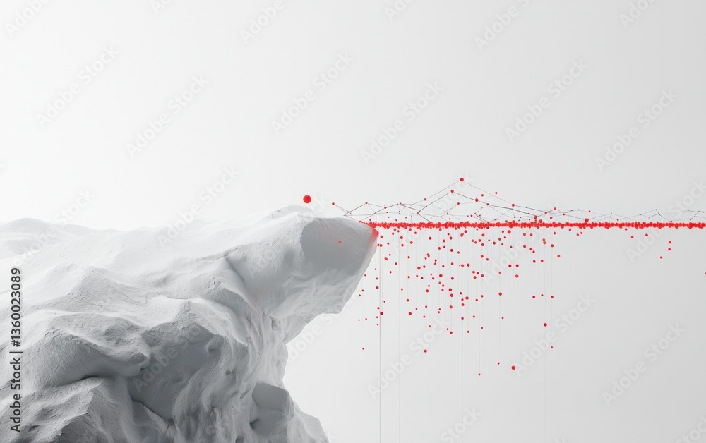 Poster abstract 3d render of a white textured form with red particles flowing downwards. clean, minimalist 
