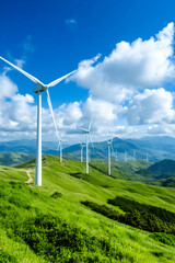 Wind turbines on green hills, blue sky, renewable energy